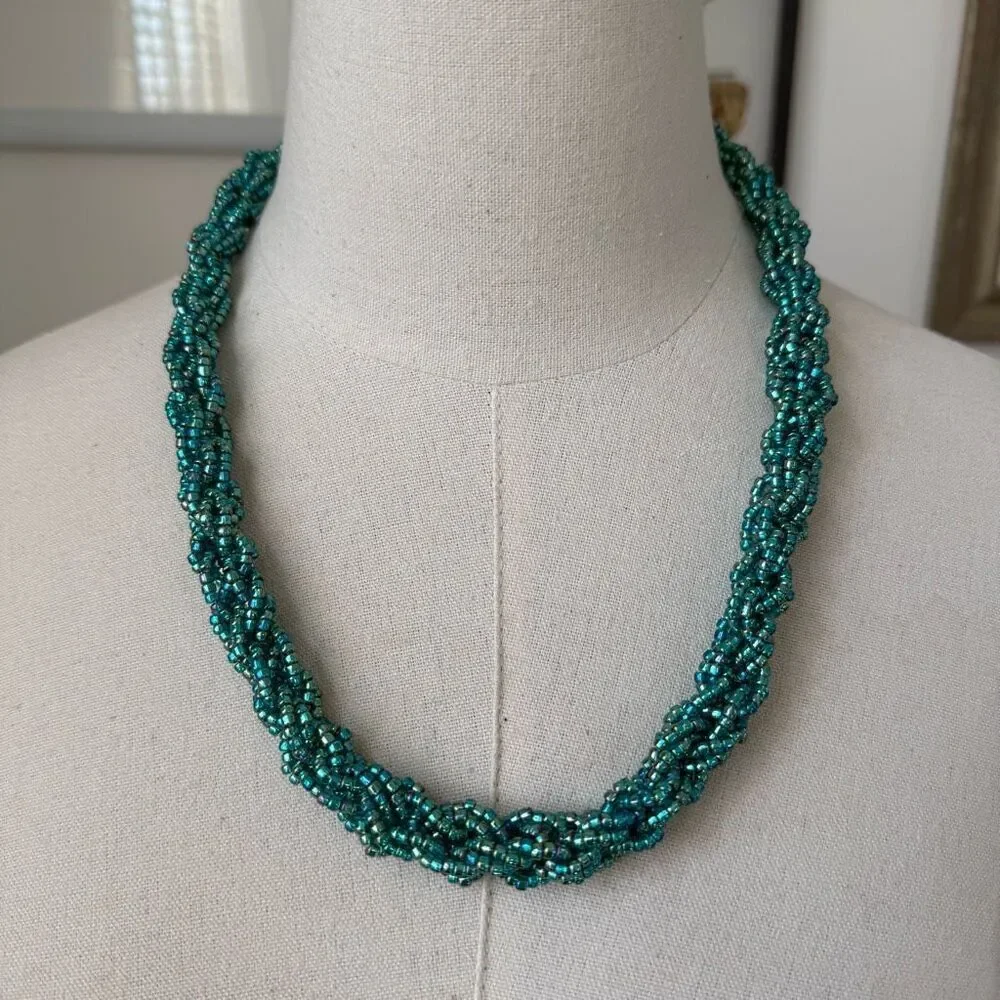 Turquoise Iridescent Glass Bead Braided Necklace Magnetic Clasp 24”